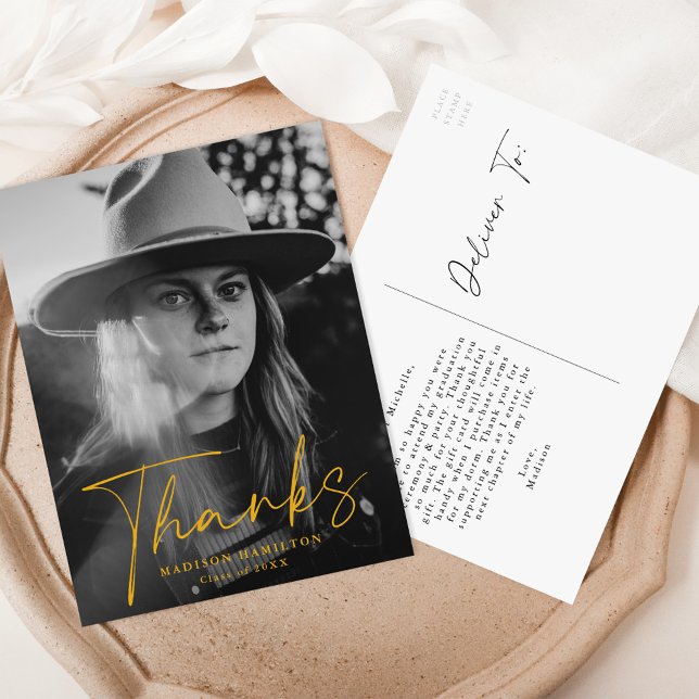 Stylish Yellow Script Photo Graduation Thank You Postcard (Creator Uploaded)