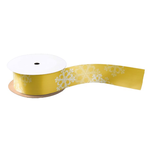 Stylish Yellow Snowflakes Modern Christmas Pattern Satin Ribbon (Spool)