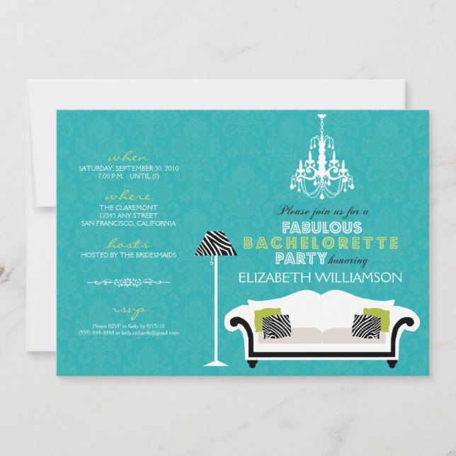 Stylish Zebra Decor Bachelorette Invite (aqua) (Front)