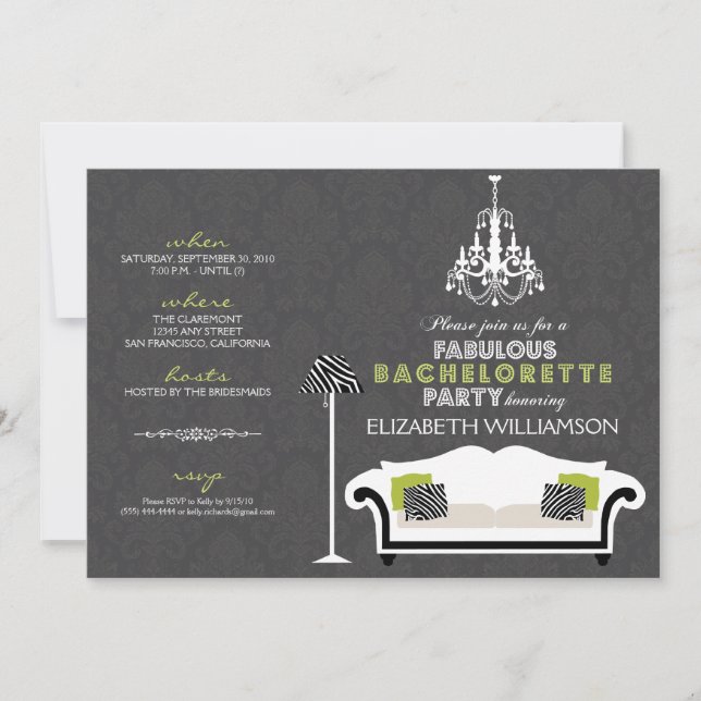 Stylish Zebra Decor Bachelorette Invite (black) (Front)