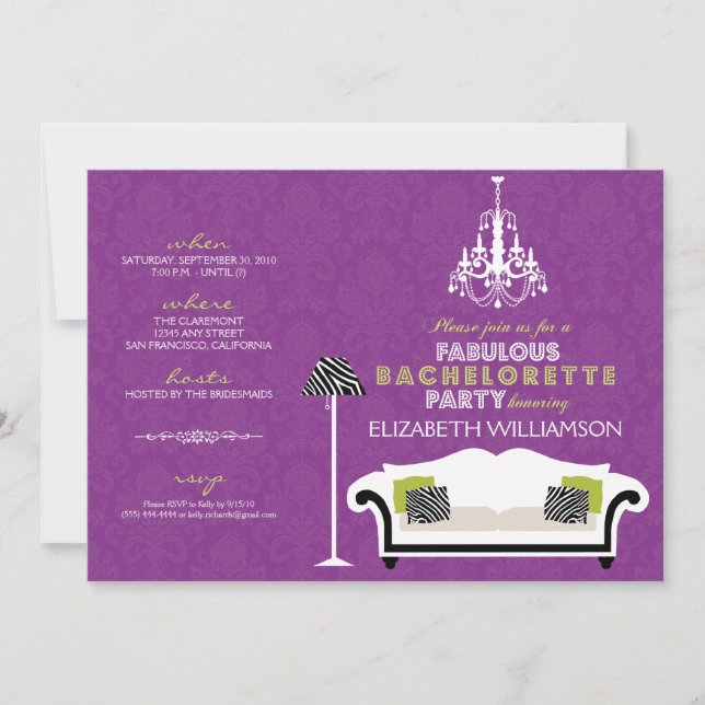 Stylish Zebra Decor Bachelorette Invite (purple) (Front)