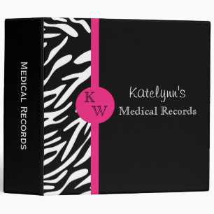 Stylish Zebra Print Monogram Medical Record Binder