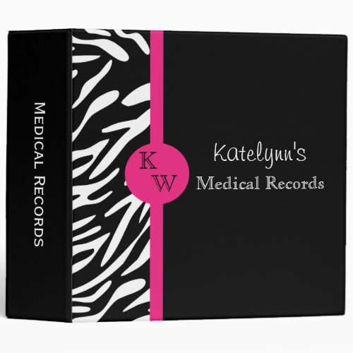 Zebra Print Monogram Medical Record Binder