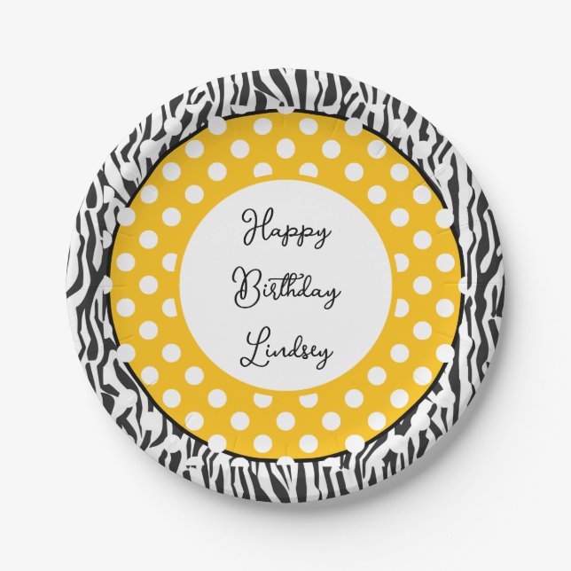Stylish zebra stripes and dots custom party paper plates (Front)