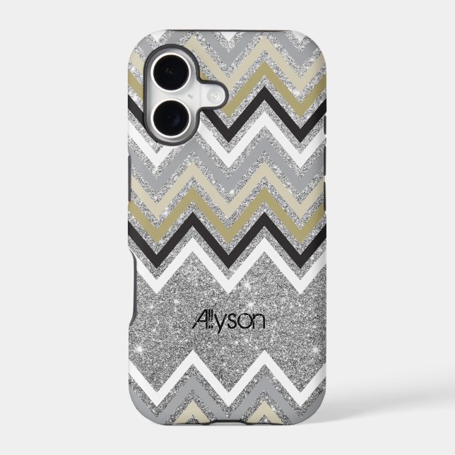 Stylish Zig Zag Chevron Pattern & Silver Glitter  Case-Mate iPhone Case (Back)