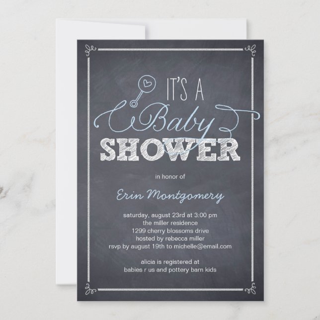 Stylishly Chalked Baby Shower Invitations - Blue (Front)