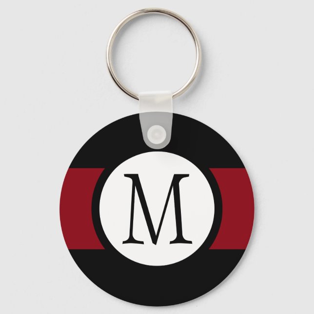 Stylishly Elegant Black, White & Red Line Monogram Keychain (Front)