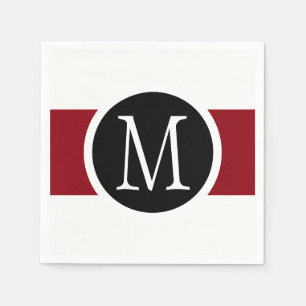 Stylishly Elegant Black, White & Red Line Monogram Paper Napkins