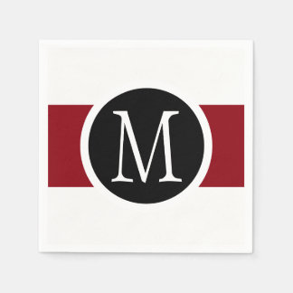 Stylishly Elegant Black, White & Red Line Monogram Paper Napkins