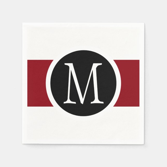 Stylishly Elegant Black, White & Red Line Monogram Paper Napkins (Front)