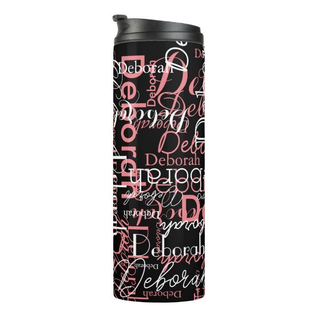 Stylishly Personalized Pink Names on Black Thermal Tumbler (Rotated Right)
