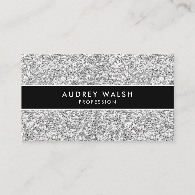 StylishSilver GLITTER  Sequin Black Striped Business Card (Front)