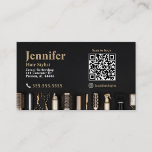 Stylist Black Gold Business Card with QR Code