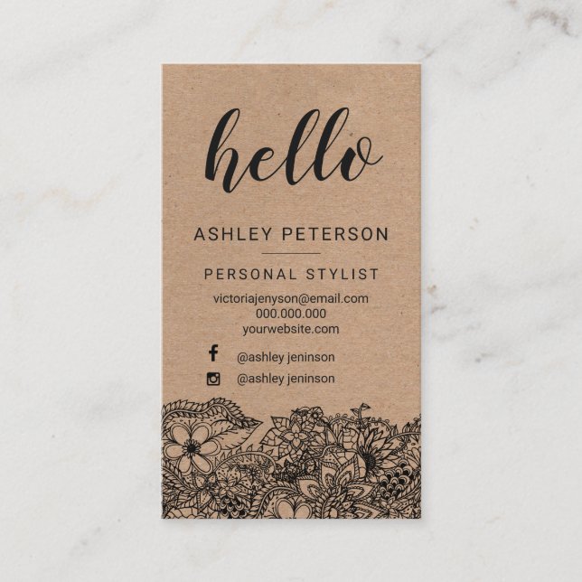 Stylist black hello floral kraft typography business card (Front)
