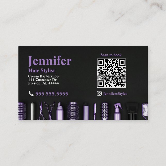 Stylist Black Lavender Business Card with QR Code (Front)