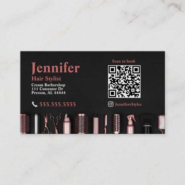 Stylist Black Rose Gold Business Card with QR Code (Front)