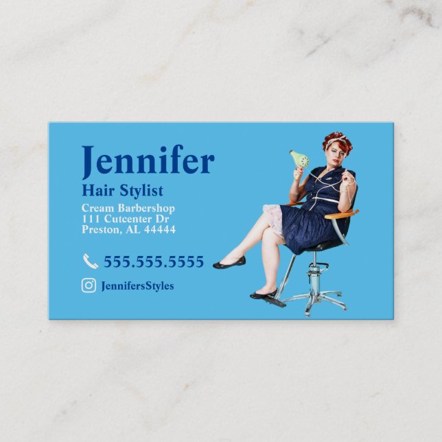 Stylist Blue Photo Business Card with QR Code (Front)
