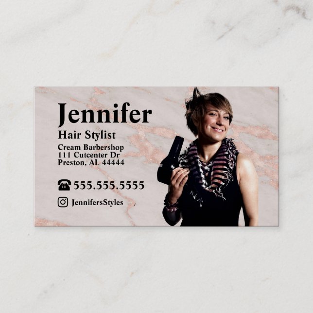 Stylist Marble Photo Business Card with QR Code (Front)