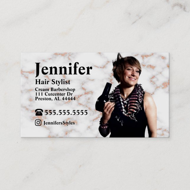 Stylist Marble Photo Business Card with QR Code (Front)