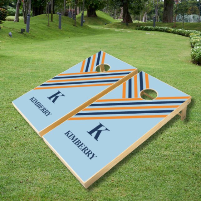Stylist Retro Stripes Monogram Family Name Cornhole Set (Stylist Retro Stripes Monogram Family Name Cornhole Set)