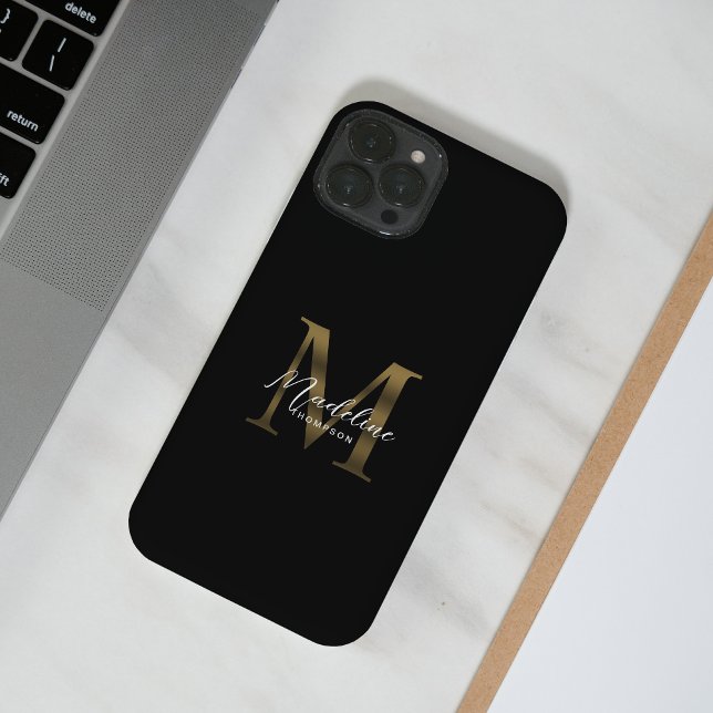 Stylist Script Metallic Black Gold Monogram Case-Mate iPhone Case (Creator Uploaded)