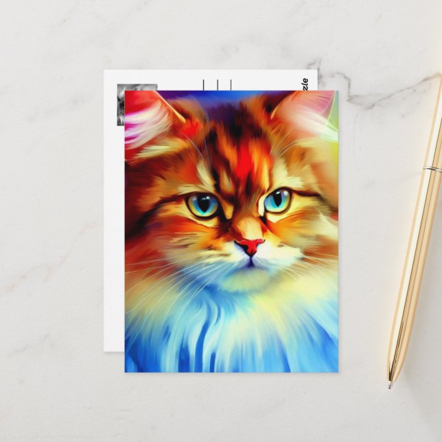 Stylistic Siberian Cat Postcard (Front/Back In Situ)