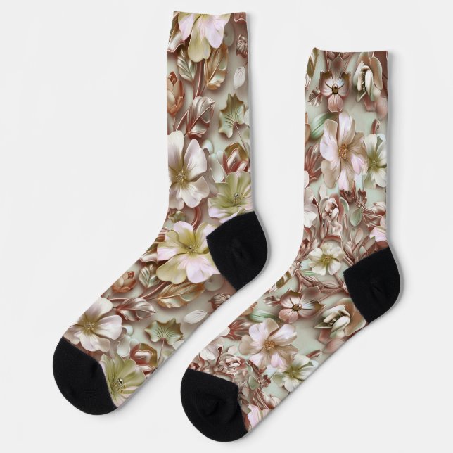 Stylized 3d Floral in Moss Green Socks (Left)