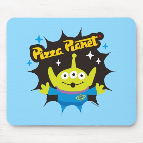 Stylized Alien Pizza Planet Badge Mouse Pad