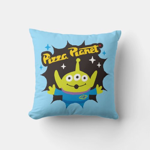 Stylized Alien Pizza Planet Badge Throw Pillow