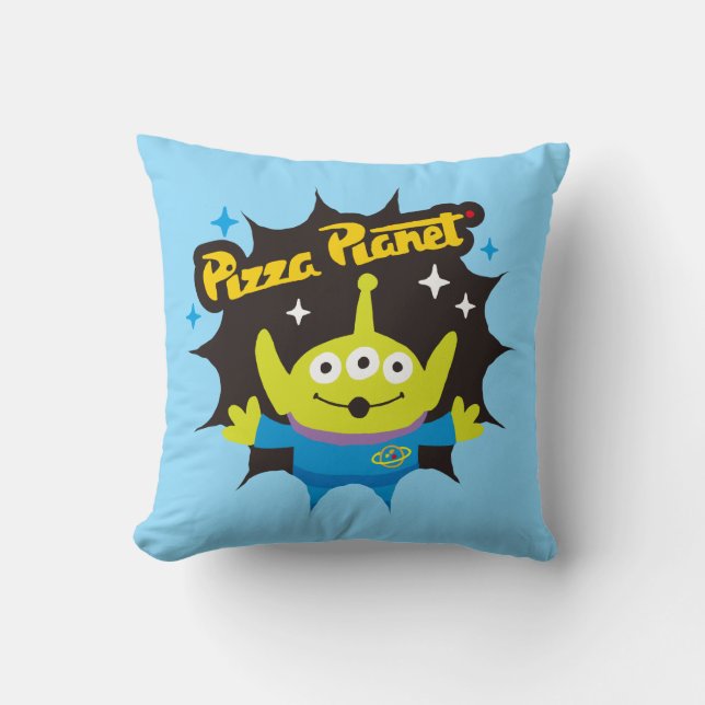 Stylized Alien Pizza Planet Badge Throw Pillow (Front)