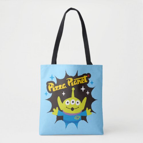 Stylized Alien Pizza Planet Badge Tote Bag