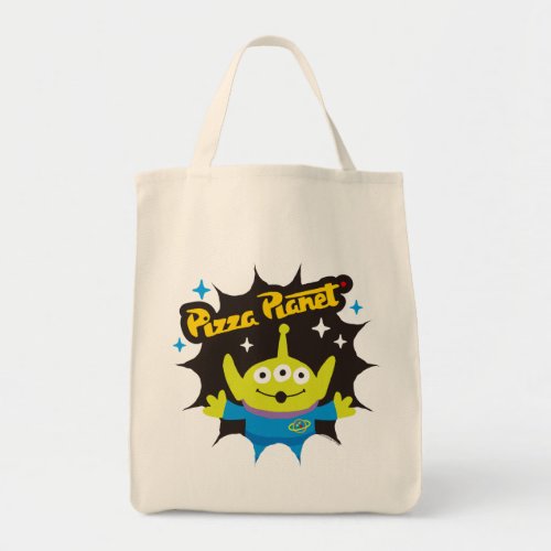Stylized Alien Pizza Planet Badge Tote Bag