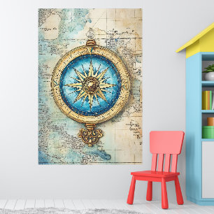 stylized antique map superimposed on a large gold poster