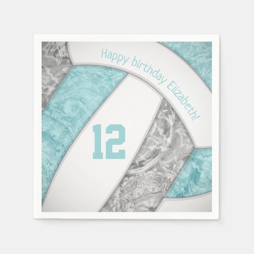 stylized aqua gray girls volleyball sports napkins