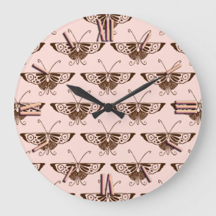 Stylized Art Deco butterfly - chocolate and peach Large Clock