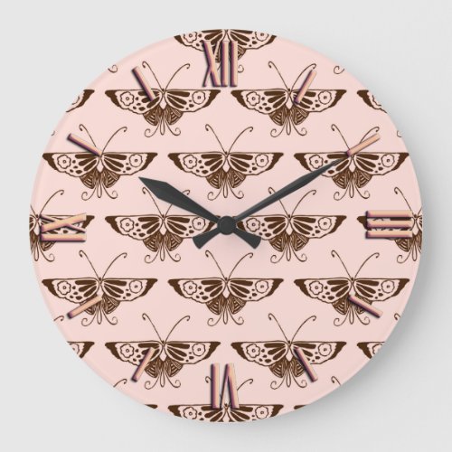 Stylized Art Deco butterfly _ chocolate and peach Large Clock