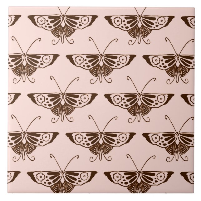 Stylized Art Deco butterfly - chocolate and peach Tile (Front)