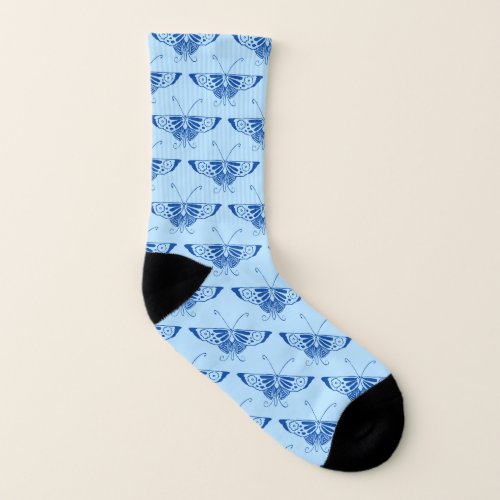 Stylized Art Deco butterfly _ cobalt and pale blue Socks