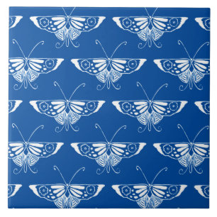 Stylized Art Deco butterfly, cobalt blue and white Ceramic Tile