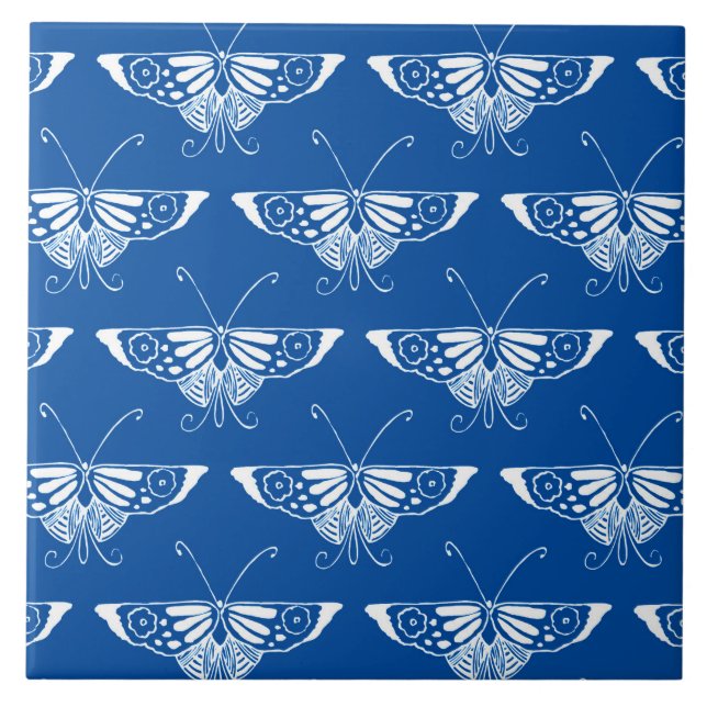 Stylized Art Deco butterfly, cobalt blue and white Ceramic Tile (Front)