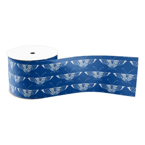 Stylized Art Deco butterfly cobalt blue and white Grosgrain Ribbon