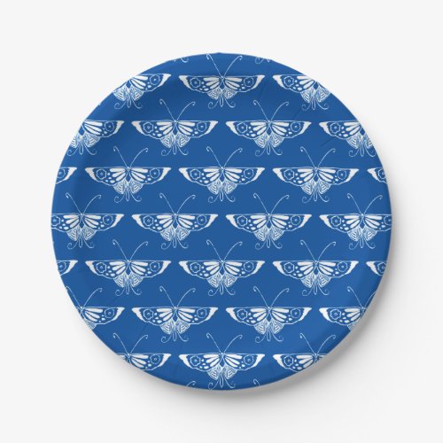 Stylized Art Deco butterfly cobalt blue and white Paper Plates