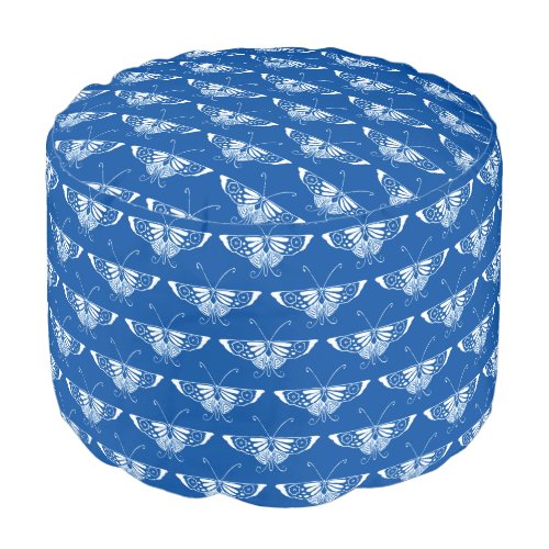 Stylized Art Deco butterfly cobalt blue and white Pouf