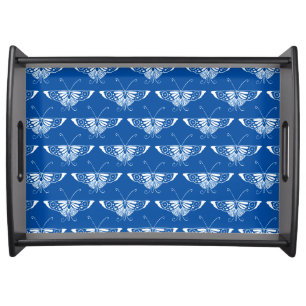 Stylized Art Deco butterfly, cobalt blue and white Serving Tray