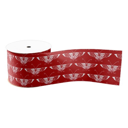 Stylized Art Deco butterfly _ dark red and white Grosgrain Ribbon