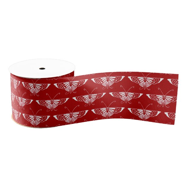 Stylized Art Deco butterfly - dark red and white Grosgrain Ribbon (Spool)