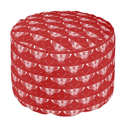 Stylized Art Deco butterfly _ dark red and white Pouf