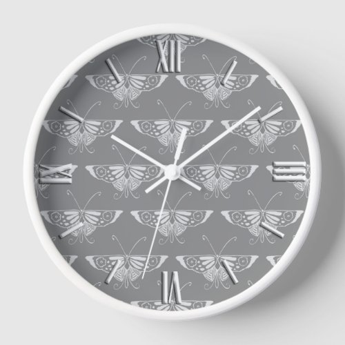 Stylized Art Deco butterfly shades of grey  gray Wall Clock