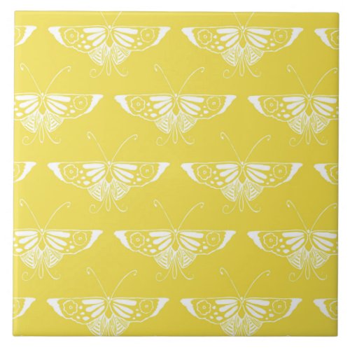 Stylized Art Deco butterfly _ yellow and white Ceramic Tile