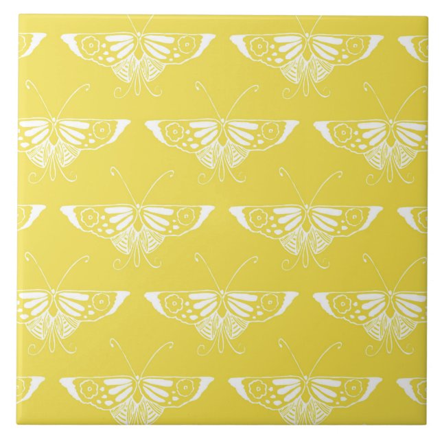 Stylized Art Deco butterfly - yellow and white Ceramic Tile (Front)